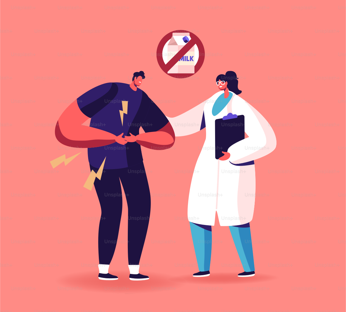 Unhealthy Male Character Holding Stomach Having Ache of Lactose Intolerance. Health Problem with Dairy Products, Allergy Problem of Drinking and Eating Milk Meals. Cartoon People Vector Illustration