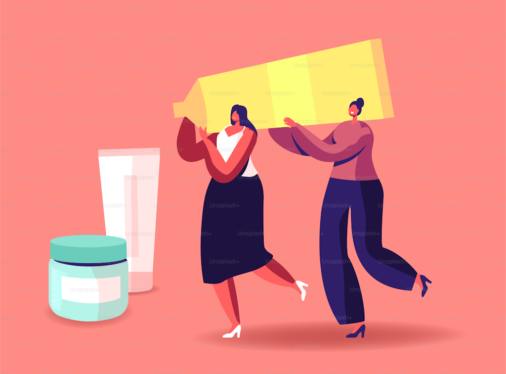 Tiny Female Characters Carry Huge Cosmetics Tube. Women Spend Time in Beautician Parlor, Testing Skin Care Products in Beauty Salon. Cosmetic Masterclass, Face Care. Cartoon People Vector Illustration