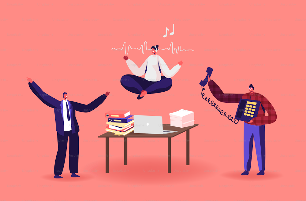 Calm Employee Break in Messy Office. Female Character Office Worker Meditating at Workplace. Relaxed Businesswoman in Lotus Position Doing Yoga Soaring over Desk. Cartoon People Vector Illustration