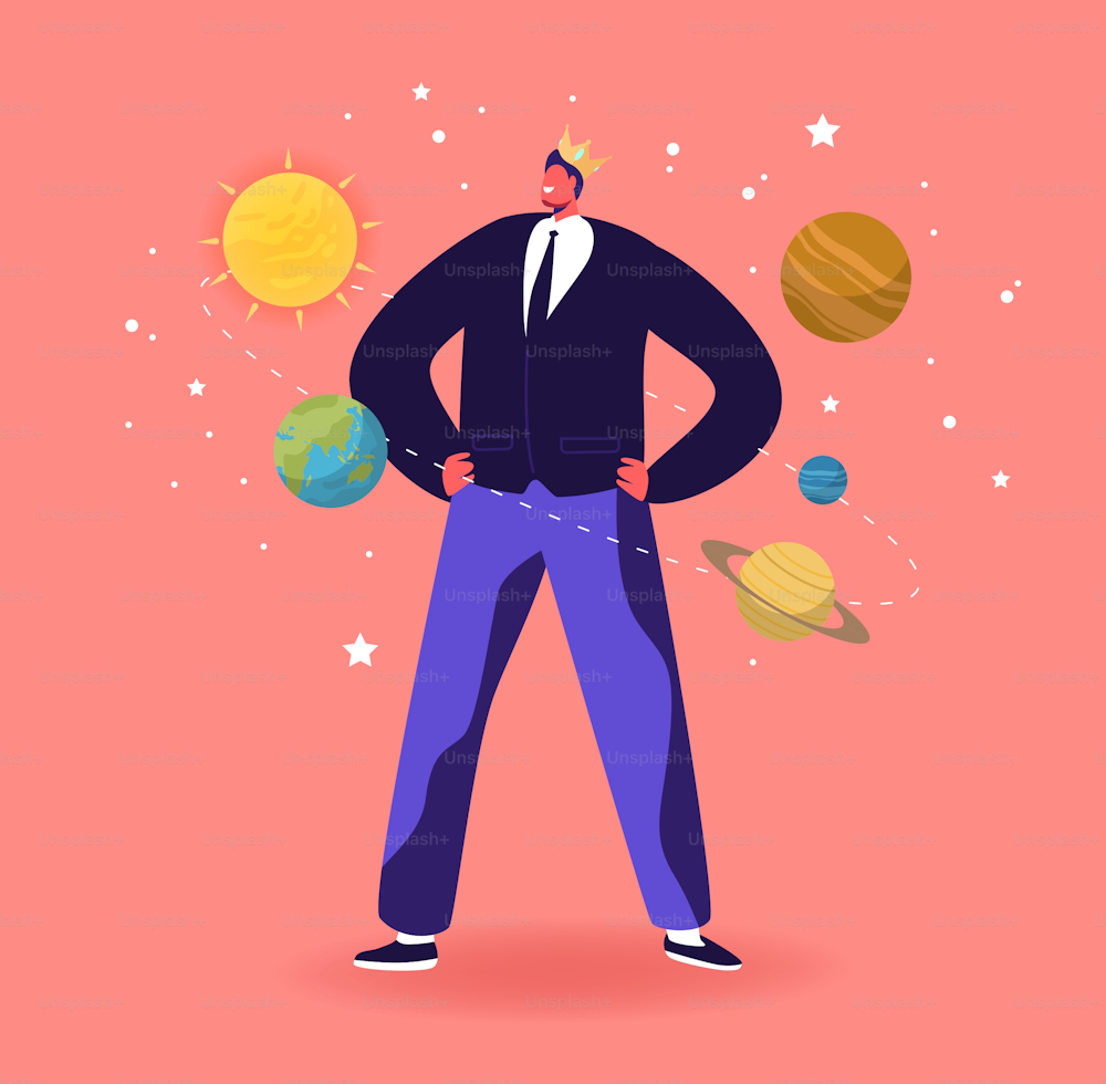 Ego, Narcissistic Self Love Behavior Concept. Male Character in Crown Imagine himself as Center of Universe with Planets Roll around him. Psychological Disorder Symptom. Cartoon Vector Illustration