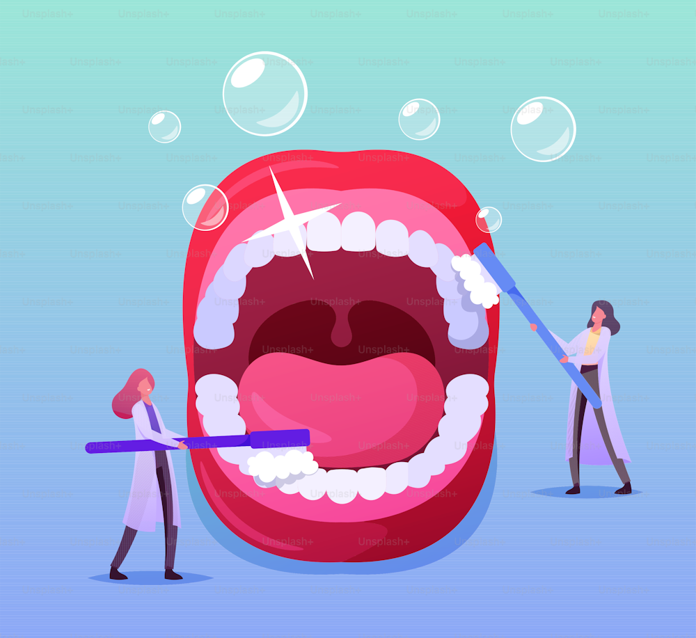Tiny Dentist Doctor Characters Care of Huge Teeth in Open Mouth with Brush and Toothpaste. Caries Prevention, Stomatology Clinic, Dentistry, Teeth Cleaning Concept. Cartoon People Vector Illustration