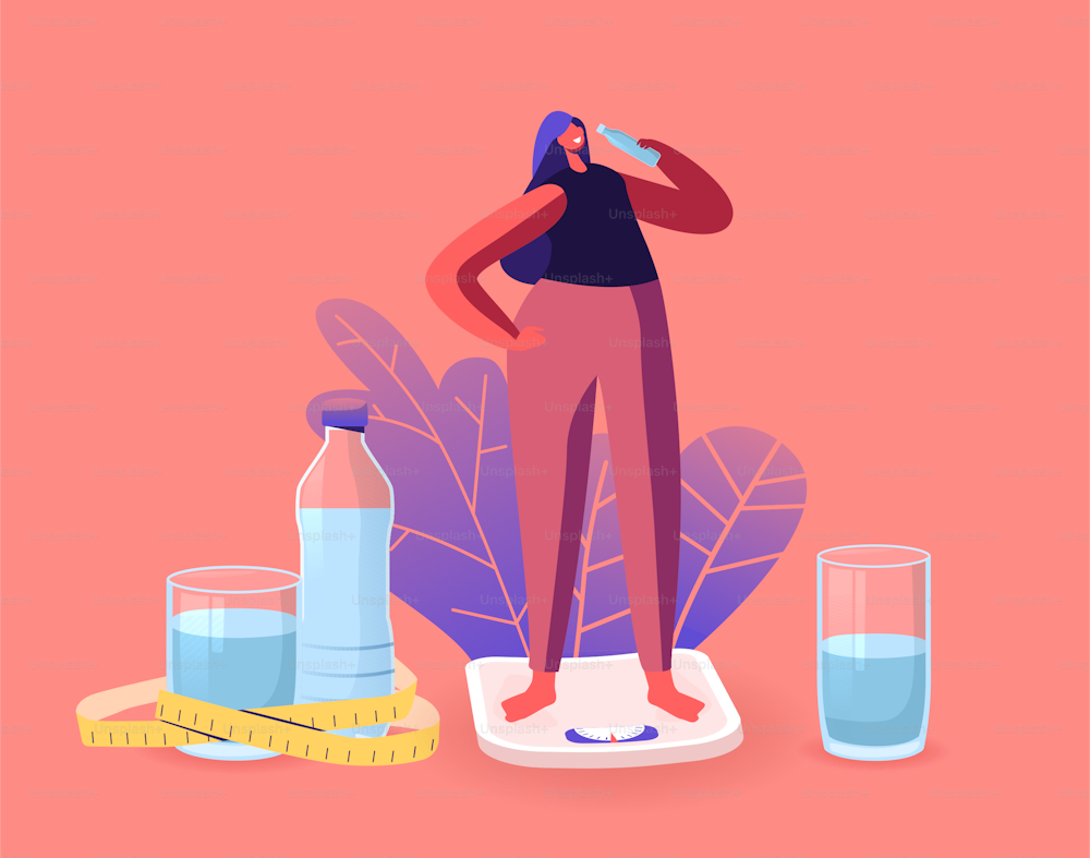 Athletic Beautiful Sportswoman Character on Diet Stand on Scales Drinking Water from Bottle Refreshing after Fitness Sports Activity. Healthy Lifestyle, Dieting Concept. Cartoon Vector Illustration