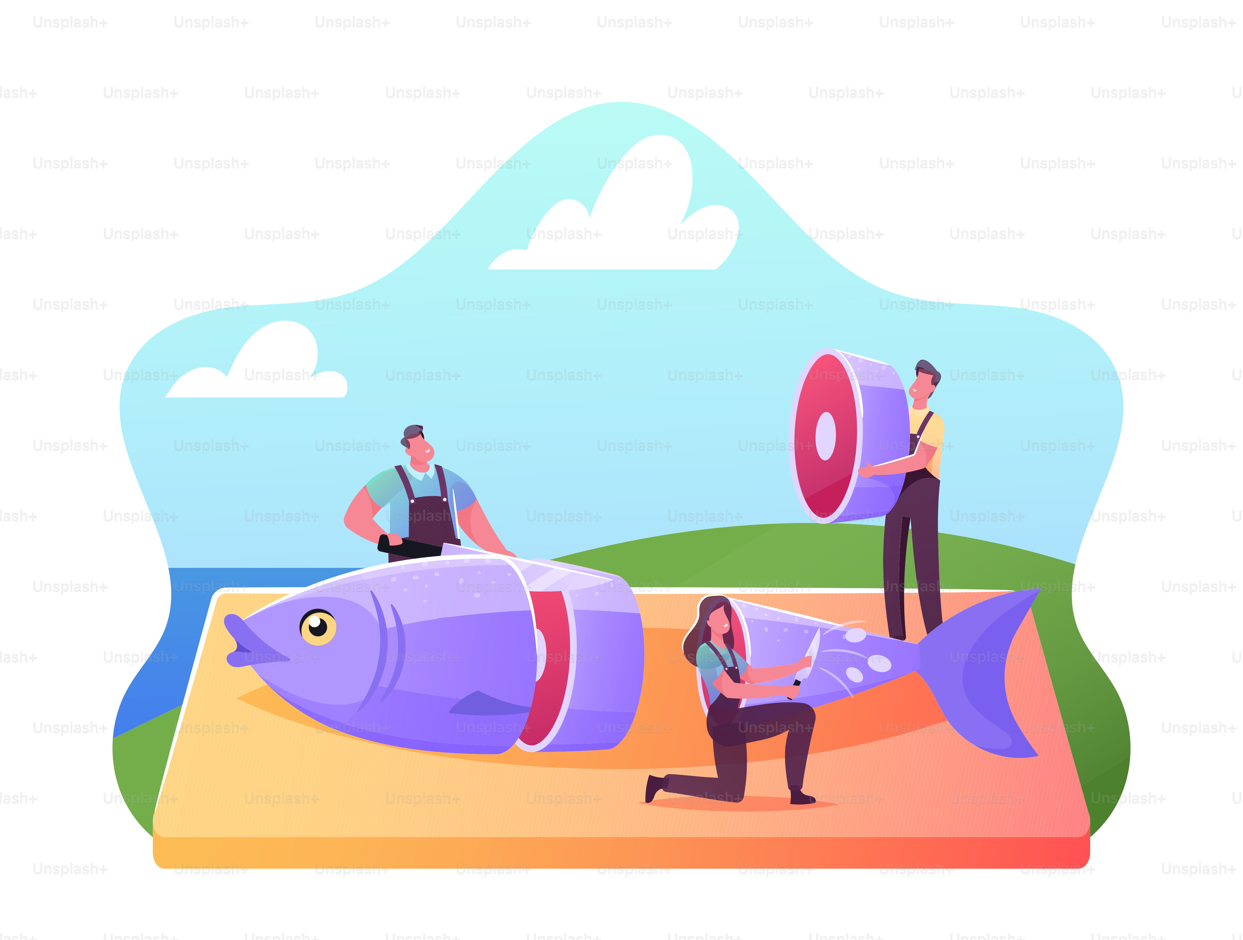 Fishery Industry, Seafood Cooking Concept. Tiny Male and Female Fisher Characters Cutting Fresh Raw Fish on Wooden Cut Board for Retail and Distribution in Stores. Cartoon People Vector Illustration
