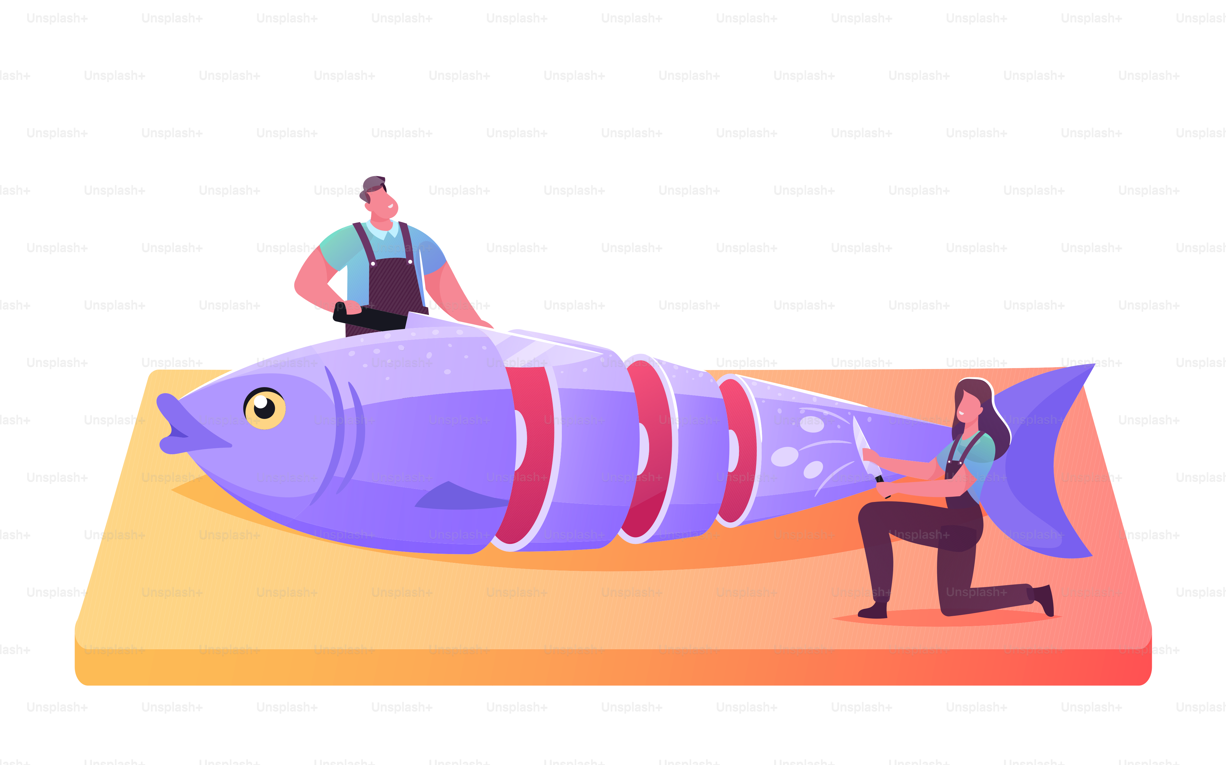 Fischereiindustrie, Fischeinzelhandel, Vertriebskonzept. Winzige männliche und weibliche Fischerfiguren, die frischen rohen Fisch auf einem Holzbrett auf weißem Hintergrund schneiden. Cartoon Menschen Vektor Illustration