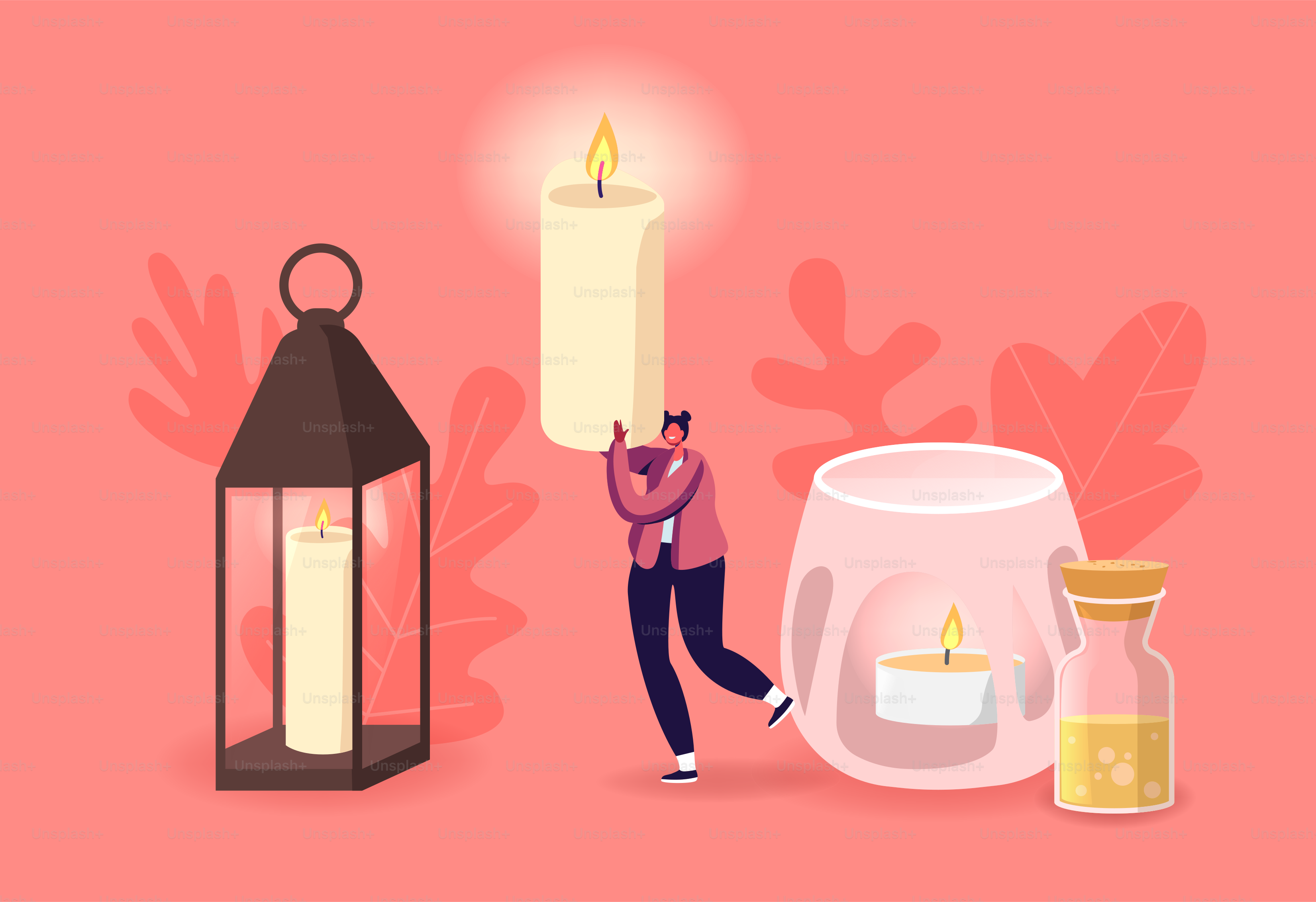 Decoración del hogar Hygge, spa o elementos decorativos navideños. Las pequeñas mujeres llevan una gran cera ardiente o una vela aromática de parafina para la relajación de la aromaterapia. Ilustración vectorial de dibujos animados