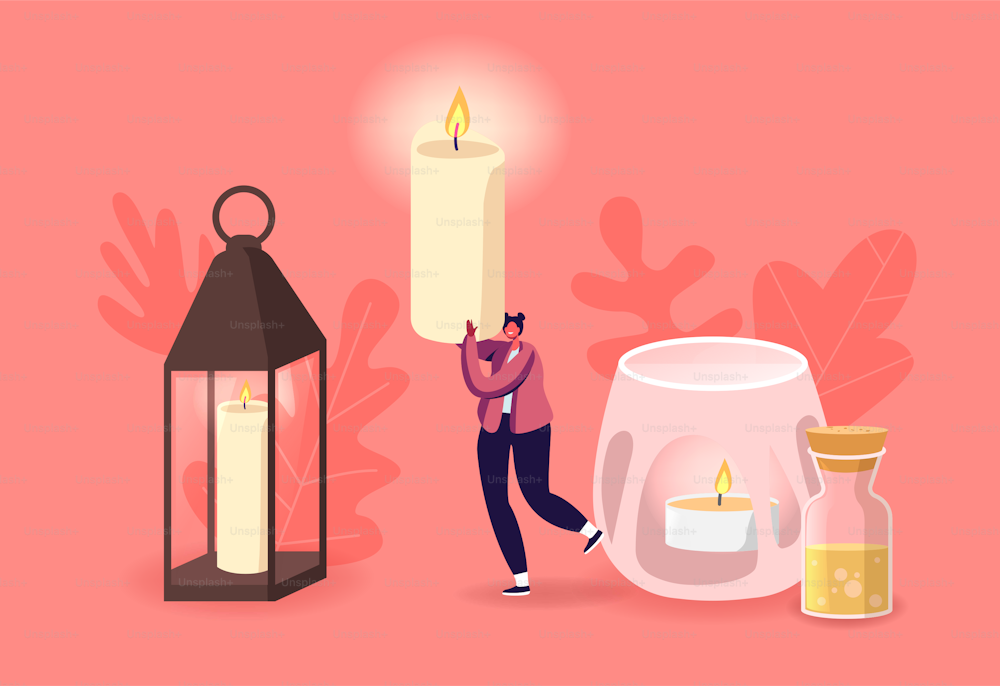 Hygge Home Decoration, Spa or Holiday Decorative Design Elements. Tiny Female Character Carry Huge Burning Wax or Paraffin Aromatic Candle for Aroma Therapy Relaxation. Cartoon Vector Illustration