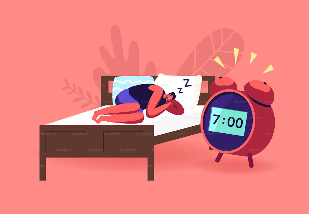 Night Dream, Nap, Bedding Time. Young Man Sleeping on Bed at Home Ignoring Alarm Clock Ringing. Male Character Relaxing, Sleep in Deep Phase Lying at Apartment after Work. Cartoon Vector Illustration