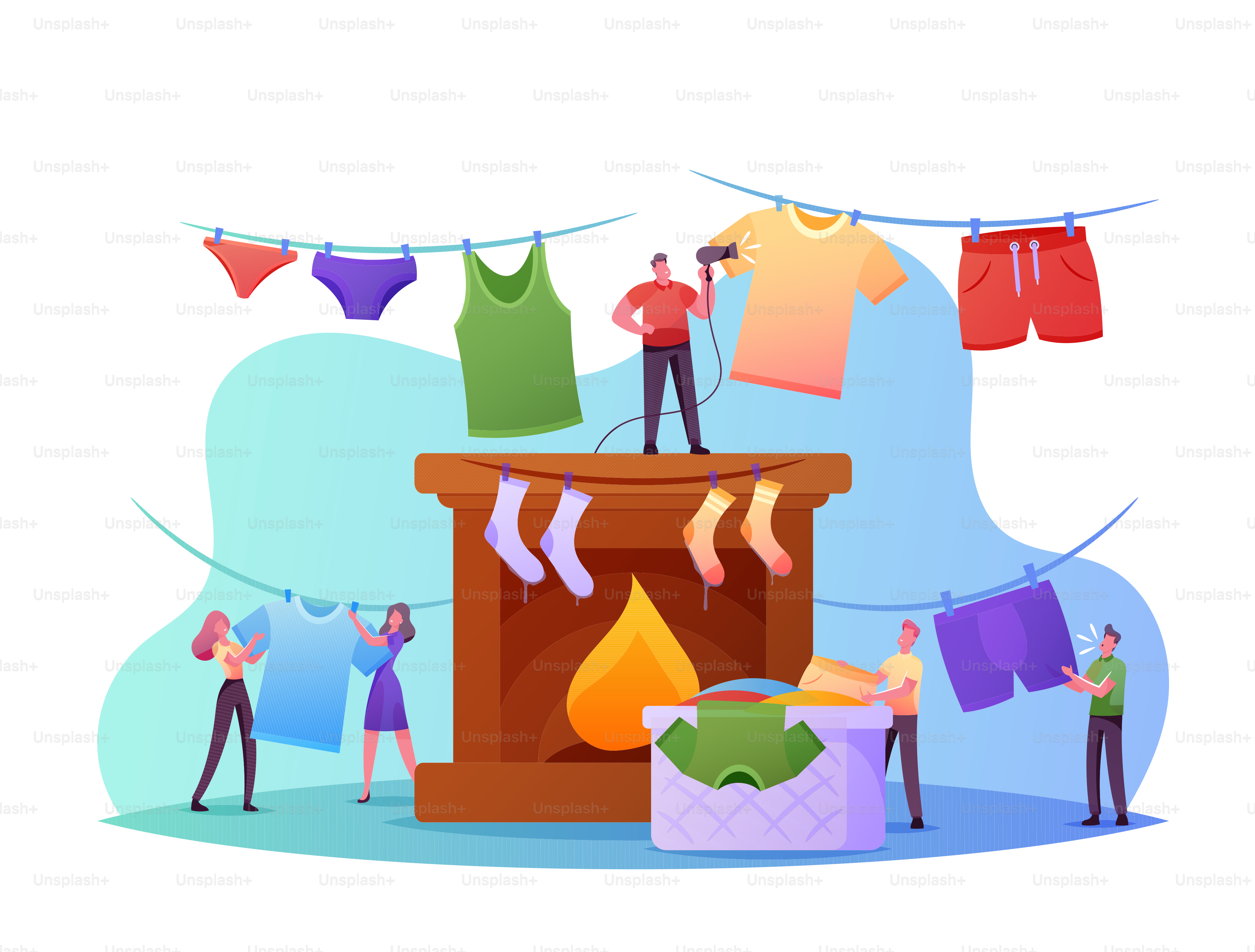 Tiny Characters Drying Wet Clothes Concept. People Hanging Huge Clean Wet Clothing on Rope and Fire Place Taking Washed Linen from Basket. Household Duties and Chores. Cartoon Vector Illustration