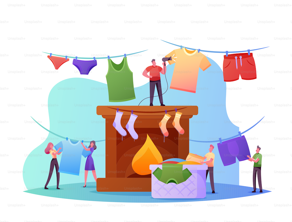 Tiny Characters Drying Wet Clothes Concept. People Hanging Huge Clean Wet Clothing on Rope and Fire Place Taking Washed Linen from Basket. Household Duties and Chores. Cartoon Vector Illustration