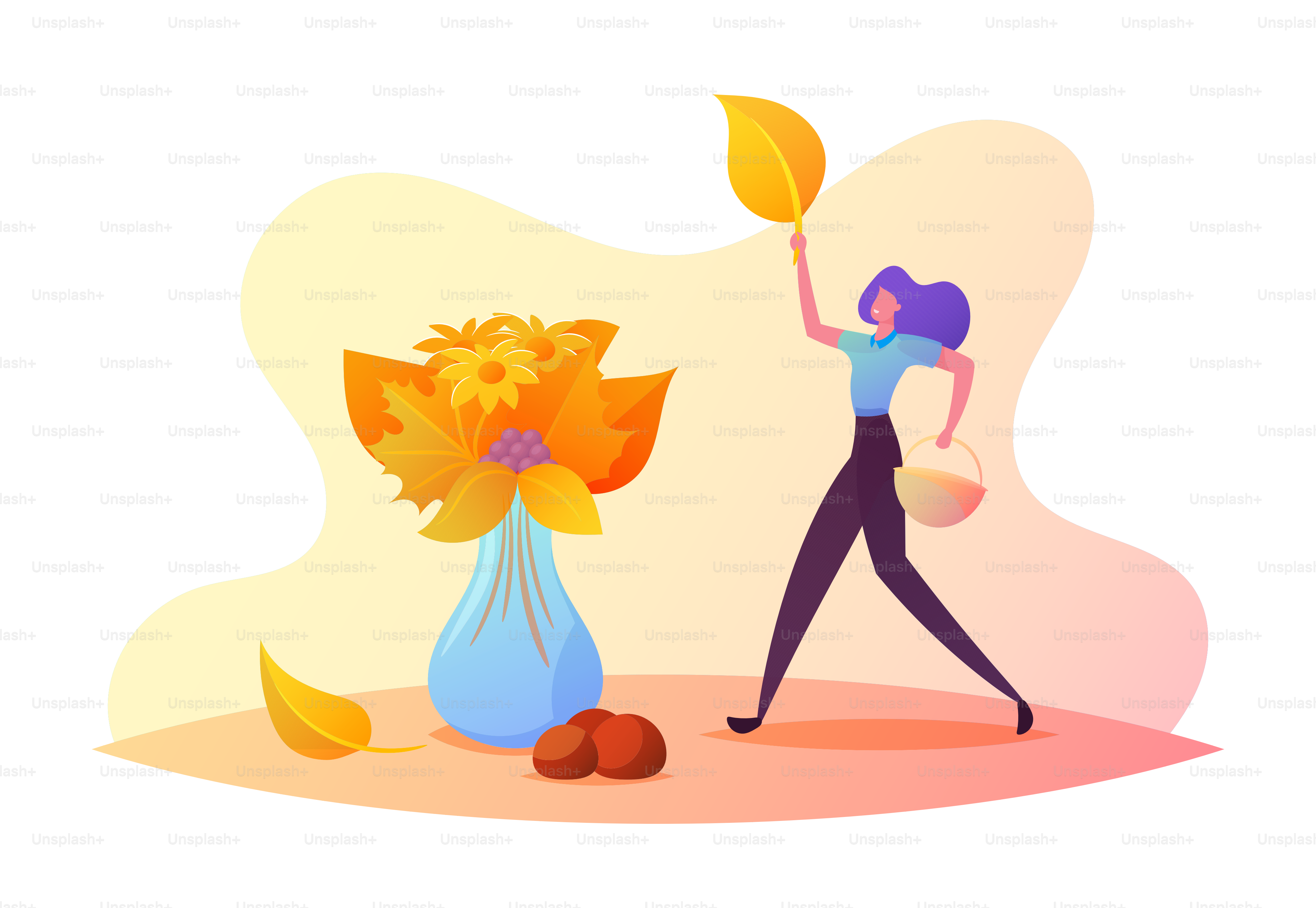 Ricreazione della stagione autunnale, tempo libero, attività. Allegro personaggio femminile minuscolo che raccoglie enormi bouquet autunnali di foglie cadute colorate, fiori e bacche in un enorme vaso. Illustrazione vettoriale del fumetto