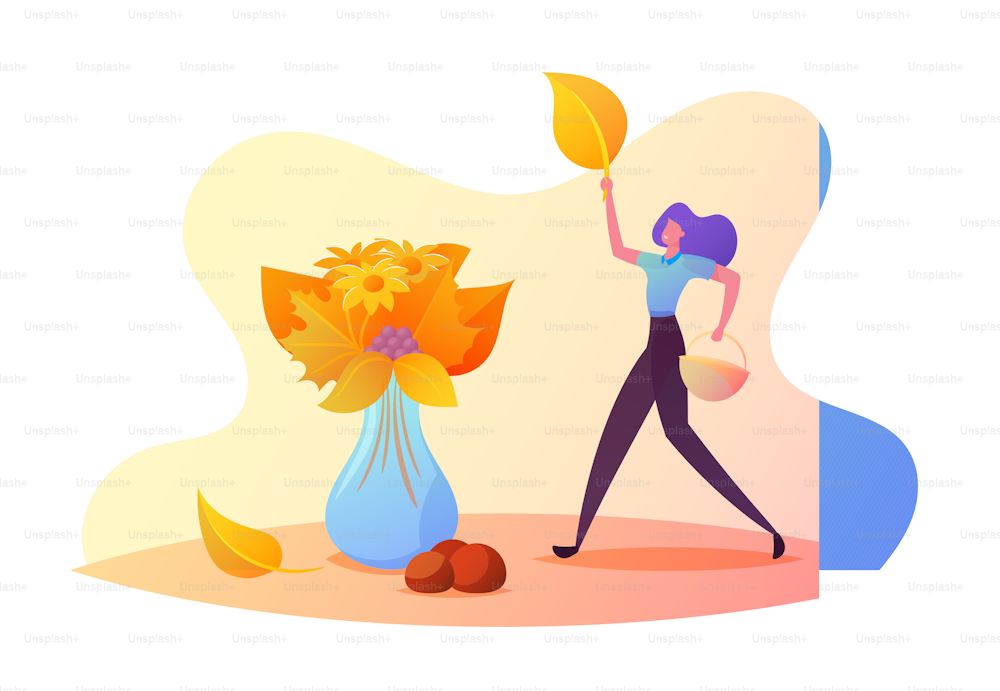 Fall Season Recreation, Leisure, Activity. Cheerful Tiny Female Character Collecting Huge Autumn Bouquet of Colorful Fallen Leaves, Flowers and Berries into Huge Vase. Cartoon Vector Illustration