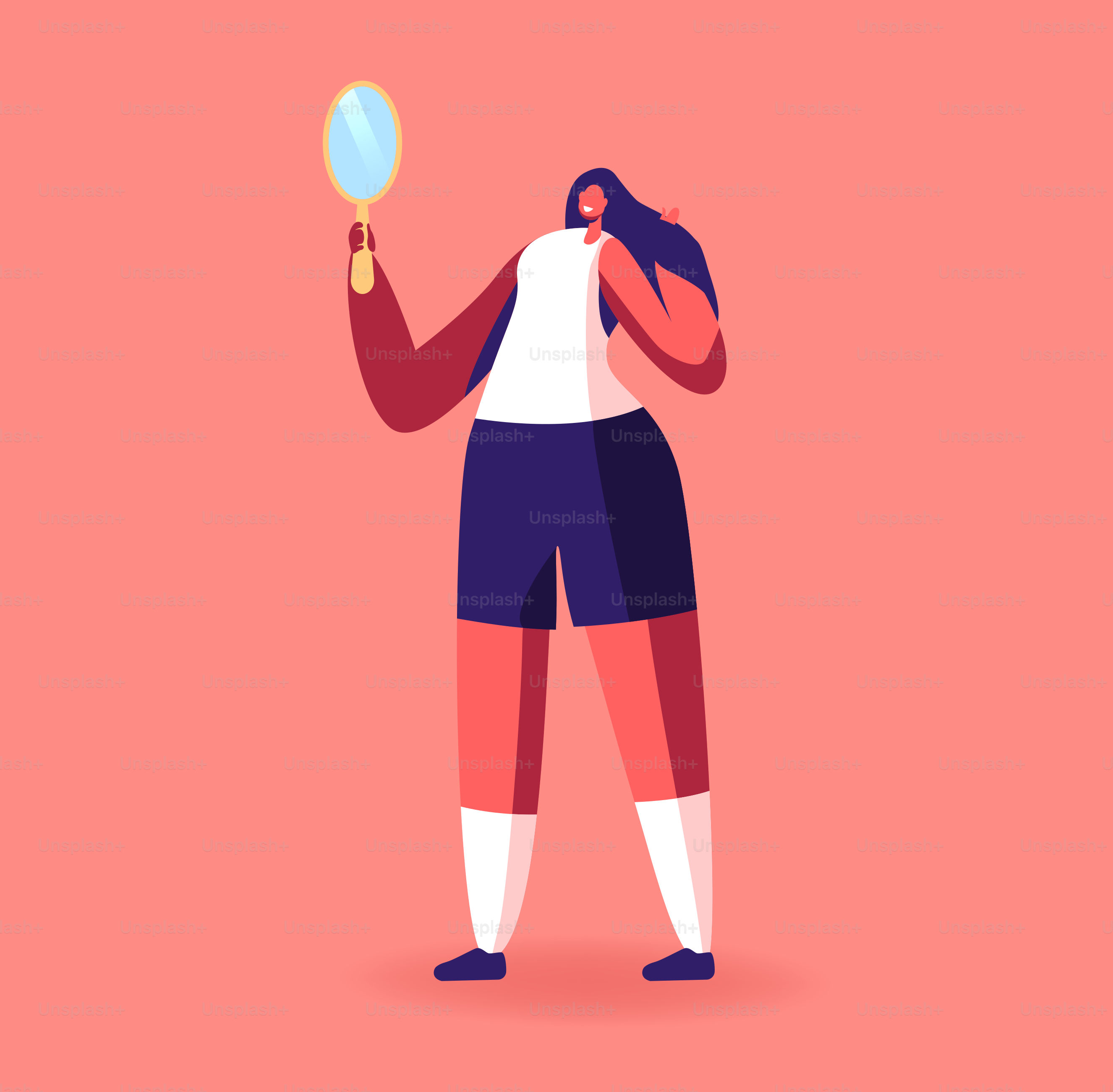 Fashion, Style and Beauty Concept. Self-assessment and Personal Appearance. Female Character Looking at Mirror Reflection. Woman Admire with her Image and Touch Long Hair. Cartoon Vector Illustration