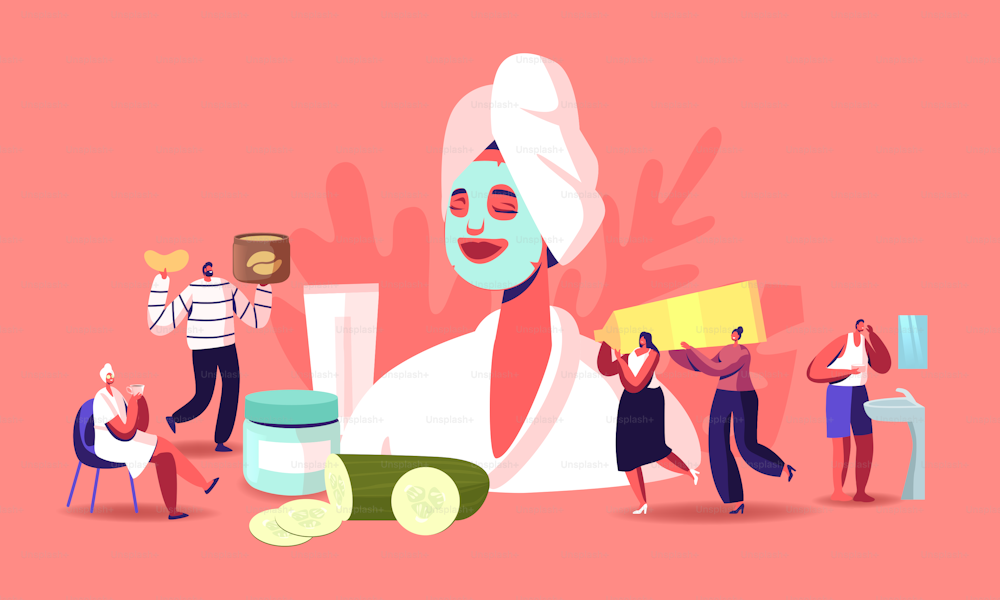 Tiny Characters around of Huge Woman with Facial Mask, Cucumber Slices and Cream Jars. Face Skin Care and Treatment, Spa, Natural Beauty and Cosmetology Concept. Cartoon People Vector Illustration