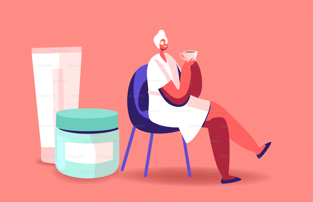Woman Applying Natural Mask. Female Character in Towel and Robe with Cucumber Slices on Eyes Drink Tea, Apply Moisturizing Mask, Bath Spa, Hygiene Procedures, Body Care. Cartoon Vector Illustration