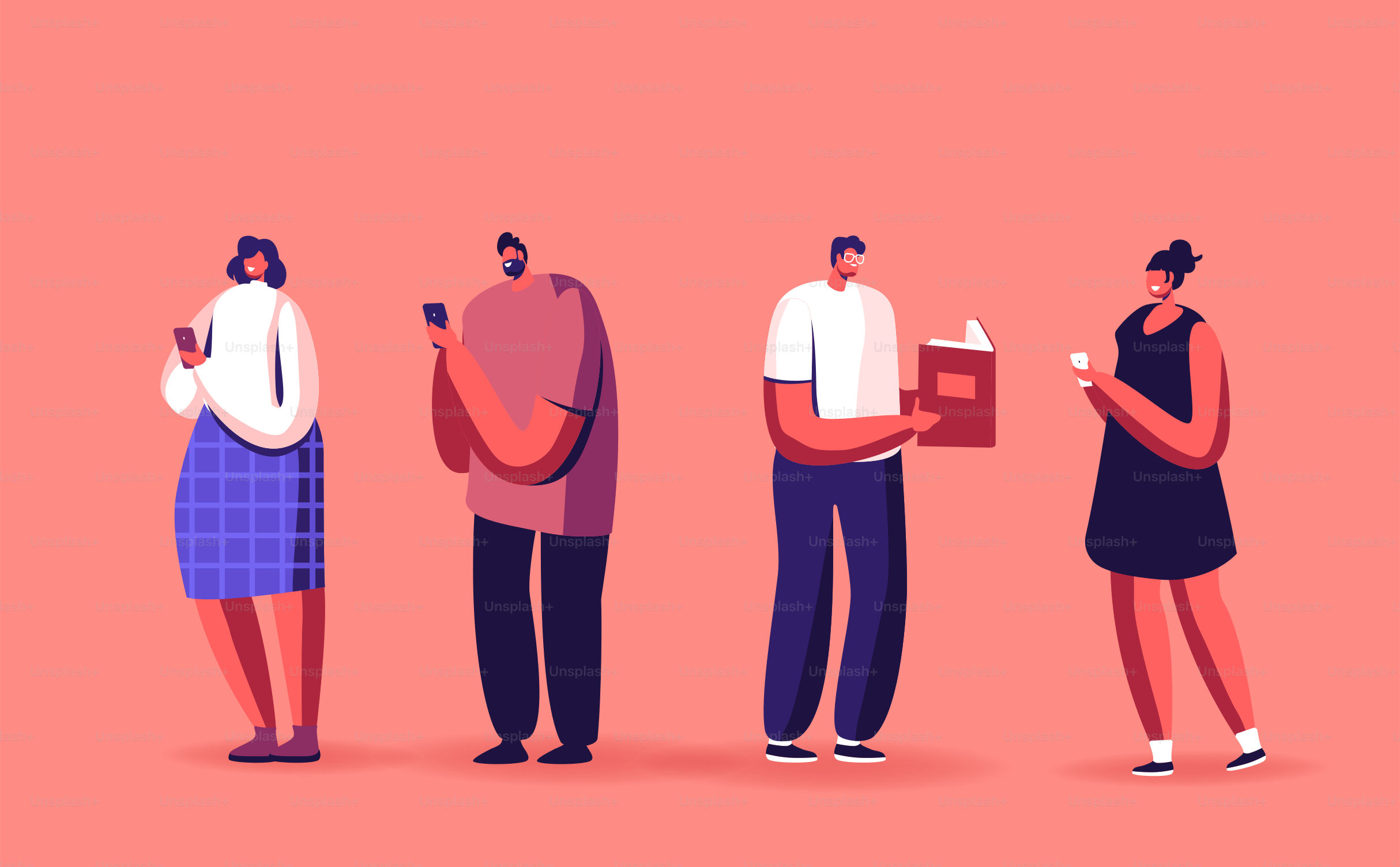 Concept de livre papier vs e-book. Personnages masculins ou féminins lisent à l’aide de technologies innovantes, de livres électroniques et de smartphones. Éducation, littérature, appareil numérique pour la lecture. Illustration vectorielle des personnages de dessin animé