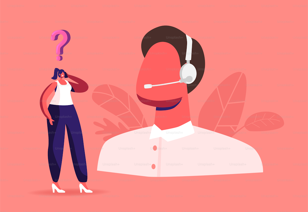 Female Character with Mobile and Question above Head Call to Customer Support Center. Operator in Headset Working on Hotline Help Client to Figure Out with Problem. Cartoon People Vector Illustration
