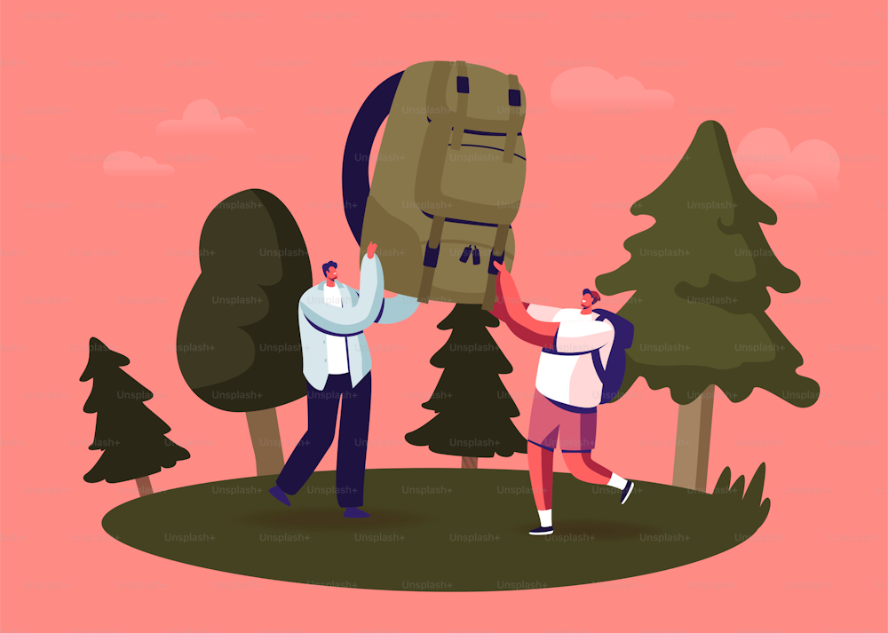 Characters Camping Spare Time, Summer Activity. Young People Spend Time at Summer Camp in Deep Forest. Tiny Man and Woman Carry Huge Backpack, Friends Couple on Vacation. Cartoon Vector Illustration
