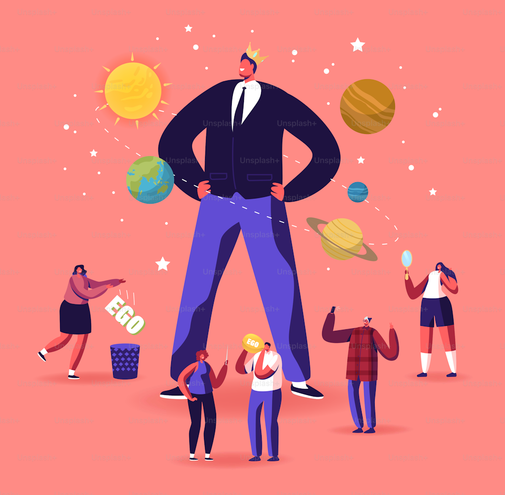 Ego, Narcissistic Self Love Behavior Concept. Tiny Male Female Characters around of Huge Egocentric Macho Man Wearing Crown on Head. Psychological Disorder Symptom. Cartoon People Vector Illustration