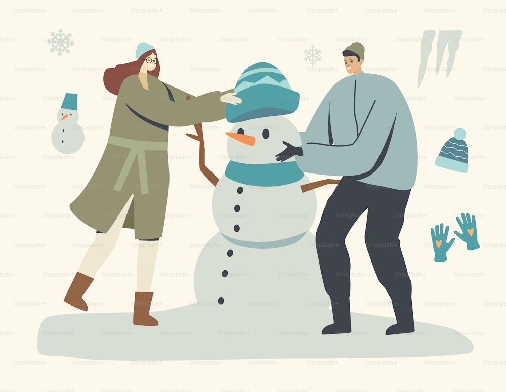 Atividade ao ar livre durante o inverno. Homem e mulher jovens em roupas quentes que fazem o boneco de neve no fundo nevado da paisagem. Personagens Jogando nas Férias de Natal. Ilustração vetorial de pessoas lineares