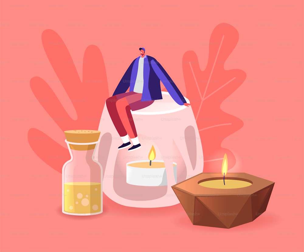 Tiny Male Character Sit on Huge Ceramics Candlestick with Burning Aroma Candle inside. Aroma Therapy Recreation, Home Decor, Scented Oil in Glass Jar, Romantic Atmosphere. Cartoon Vector Illustration