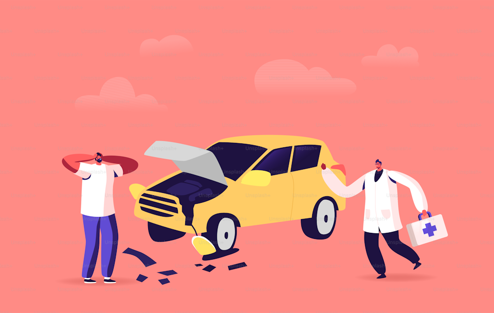 Upset Driver after Car Accident on Road, Stressed Shocked Male Character Yelling Stand on Roadside at Broken Automobile and Doctor with Medicine Box Hurry to Help. Cartoon People Vector Illustration