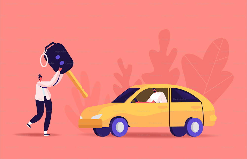 Driver License Concept. Tiny Woman Carry Huge Key, Man Sit in Automobile. Characters Studying in School Learning Drive Car, Passing Exam and Get Permission for Auto Owning. Cartoon Vector Illustration