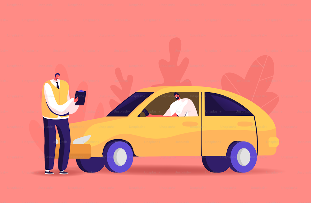 Male Character Pass Exam for Driver License in School with Instructor. Learner Driving Car with Tutor Writing in Clipboard. Student Study Drive Automobile on Road. Cartoon People Vector Illustration