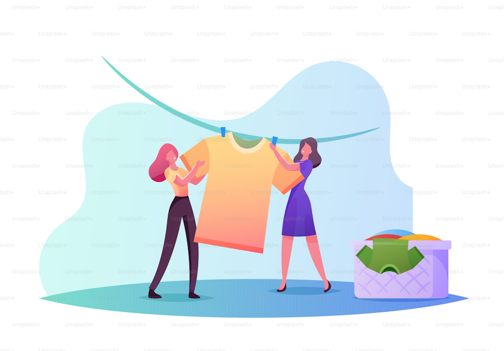 Tiny Female Characters Drying Wet Clothes.Young Women Hanging Clean Wet Clothing on Rope Taking Washed Linen from Basket. Homework Activity, Household Chores. Cartoon People Vector Illustration