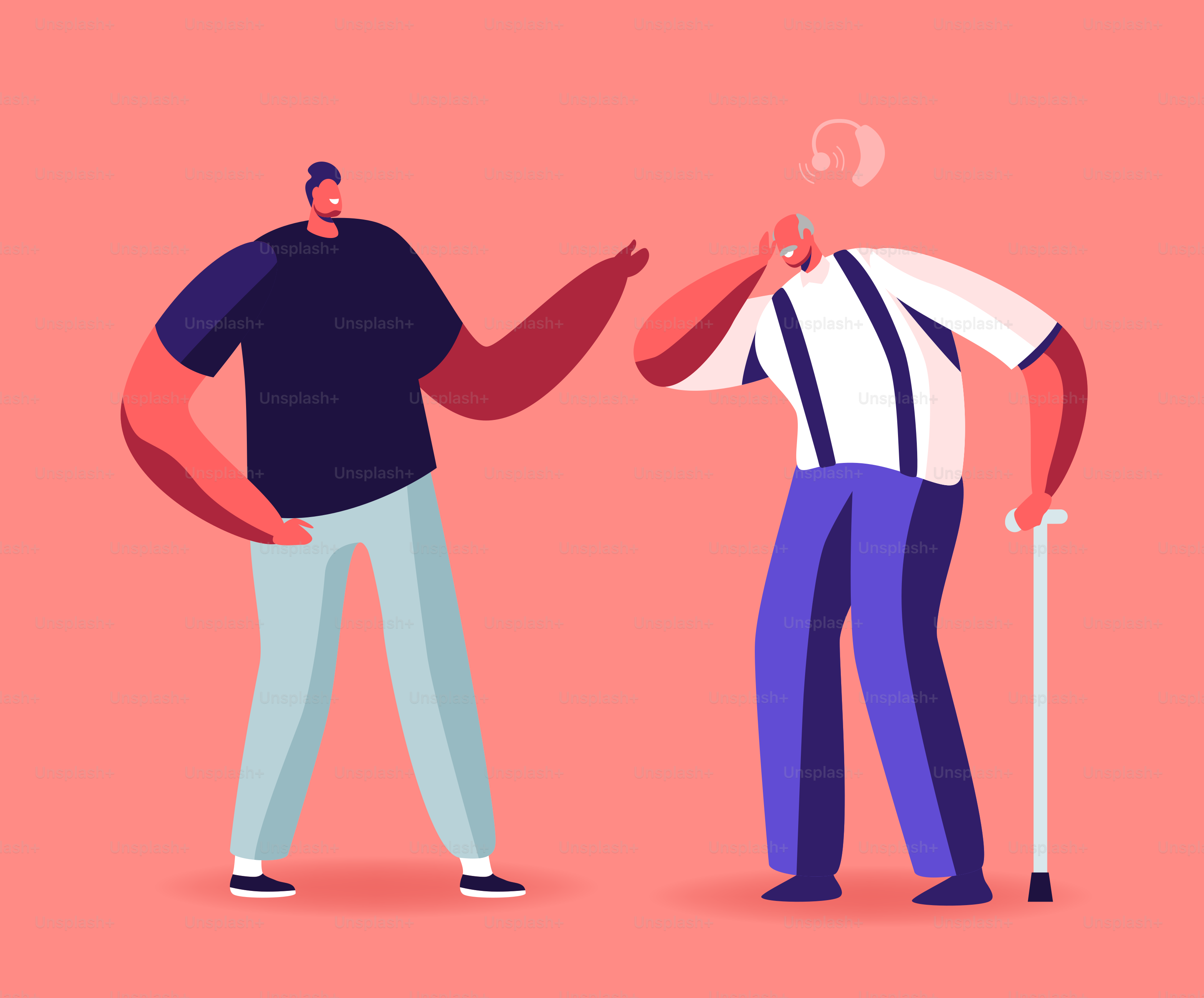 Hear Loss, Deafness Concept. Young Character Communicate with Senior Man Suffering Hard of Hearing Need Doctor Appointment, Ear Treatment or Impair Diagnosis. Cartoon People Vector Illustration