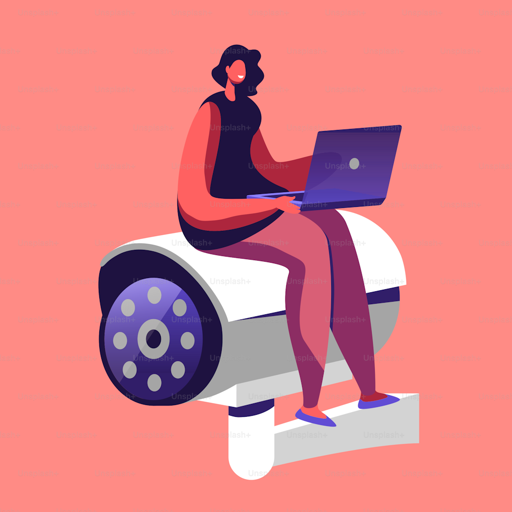 Tiny Female Character with Laptop in Hands Sitting at Huge Video Camera. Woman Use Surveillance System for Protection Property, Monitoring and Security Home or Office. Cartoon Vector Illustration
