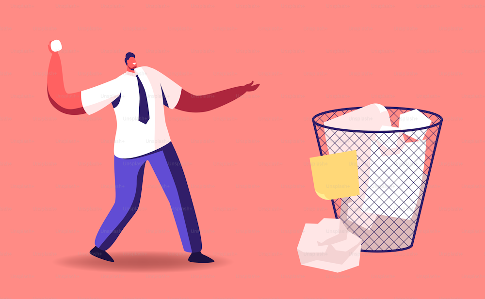 Tiny Businessman Male Character Throwing Crumpled Paper Ball into Huge Litter Bin. Office Worker, Stressed Manager Reject Idea, Deadline, Business Man Throw Document. Cartoon Vector Illustration