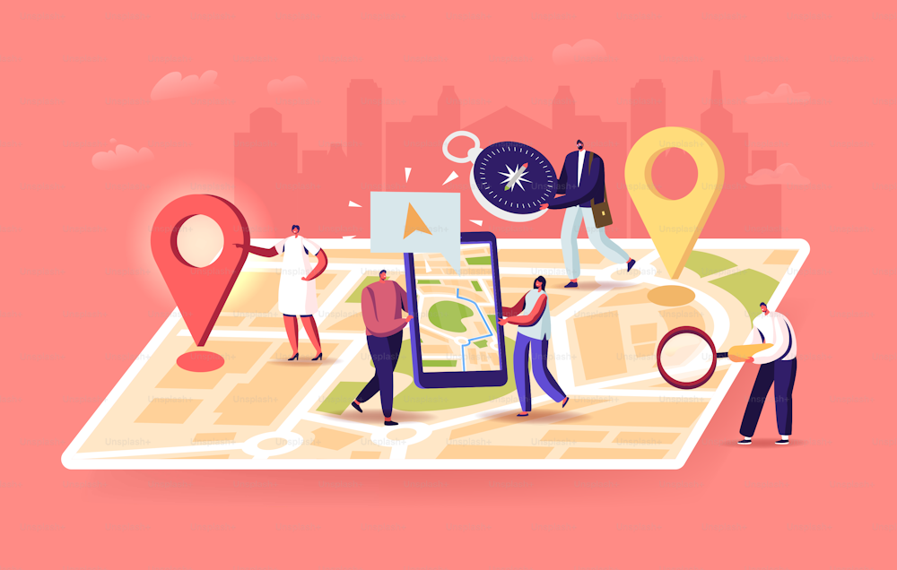 Tiny Characters at Huge Location Map, People Use Online Application on Smartphone with Geolocation App Pins. Search Route, Distances, Navigation Positioning Concept. Cartoon People Vector Illustration