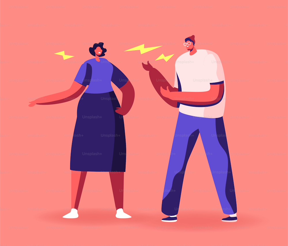 Angry Couple Characters Arguing Shouting Blaming Each Other. Frustrated Husband and Annoyed Wife Quarreling of Bad Marriage Relationships, Unhappy Family Fighting. Cartoon People Vector Illustration