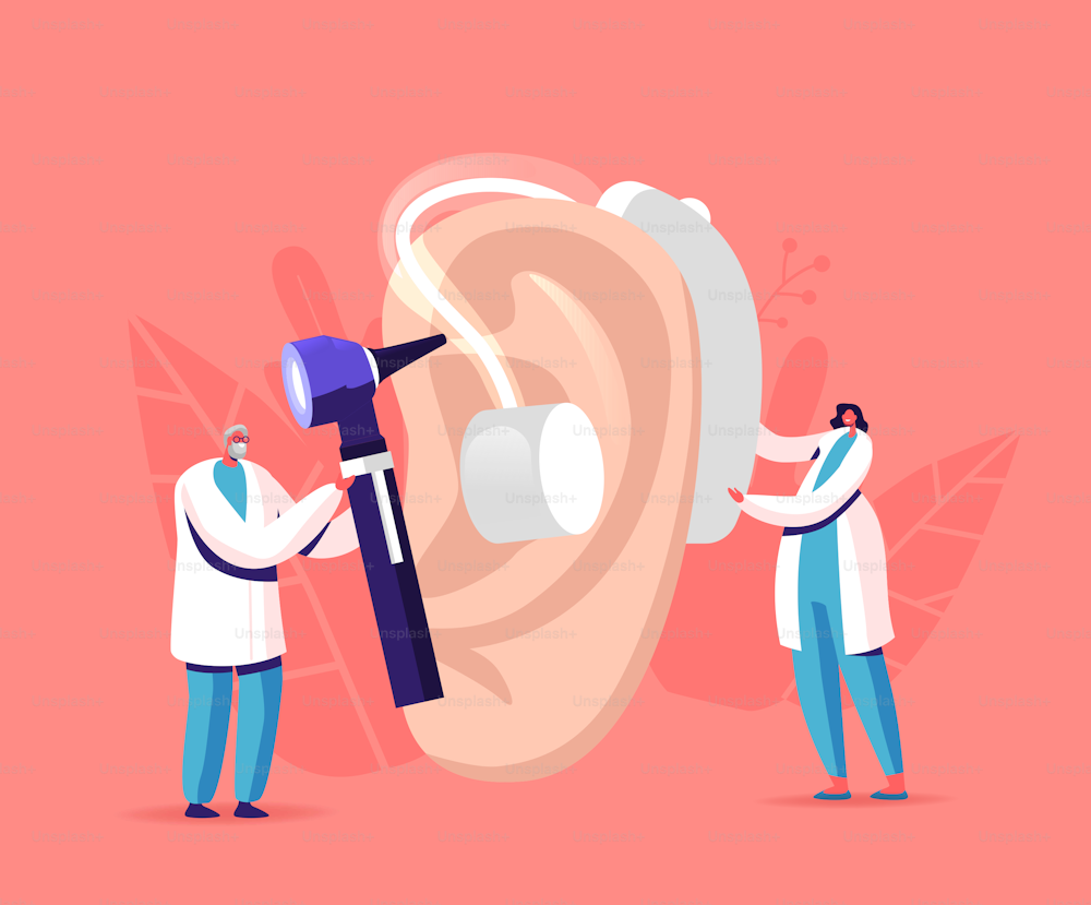 Tiny Male Female Doctors Characters Fitting Deaf Aid on Huge Patient Ear. Hearing Loss Medical Health Problem, Otolaryngology Medicine, Deafness Disease Concept. Cartoon People Vector Illustration