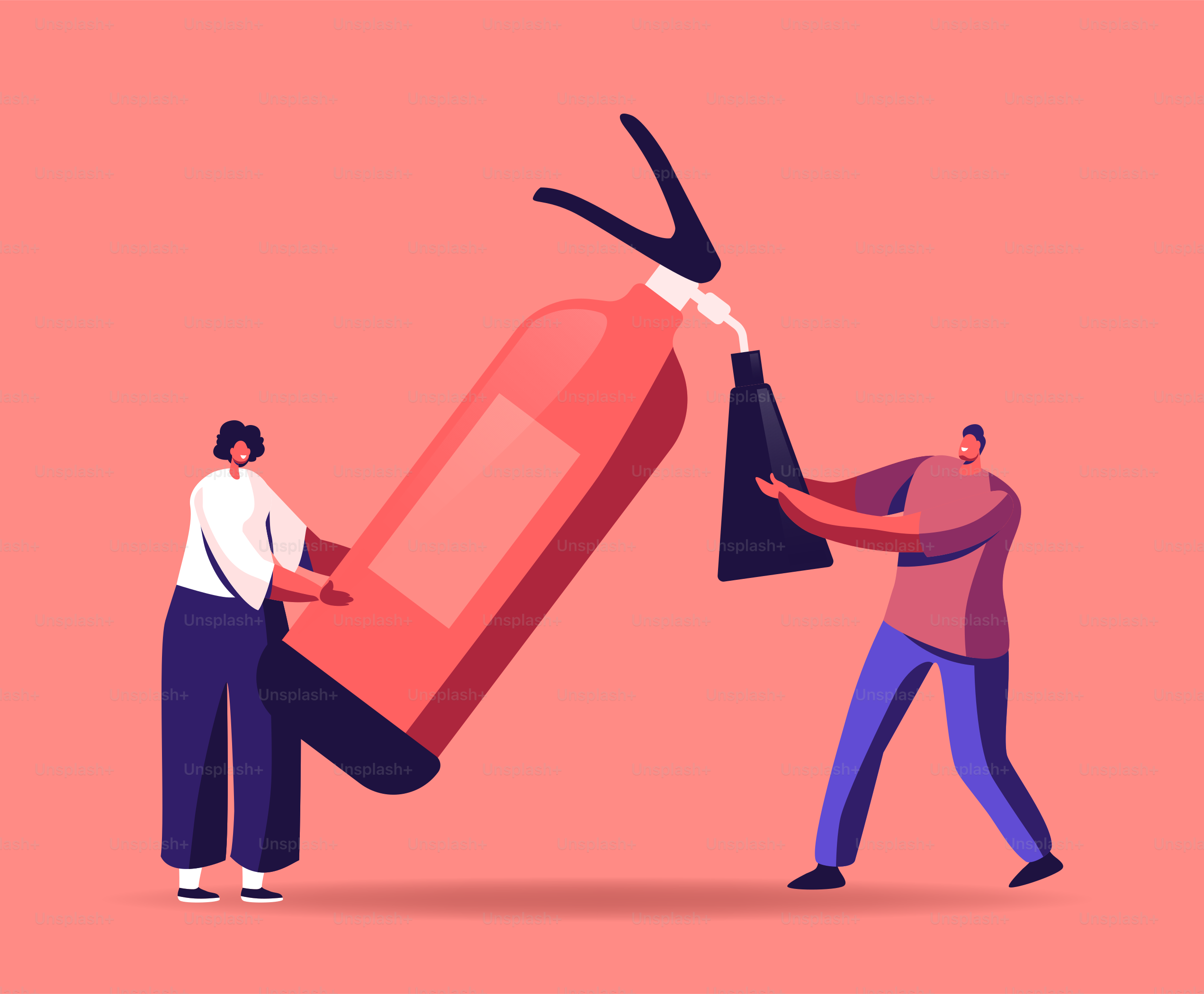 Fire and Electrical Safety Concept. Tiny Male and Female Characters with Huge Extinguisher for Prevention Burning Flame, Equipment for Home Protection of Blazing. Cartoon People Vector Illustration