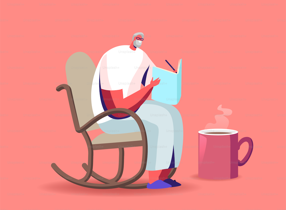 Senior Grey Haired Man in Glasses Sitting in Rolling Chair Drinking Tea and Solving Crossword Aged Male Character Erudition, Sparetime, Leisure and Hobby in Nursing Home. Cartoon Vector Illustration