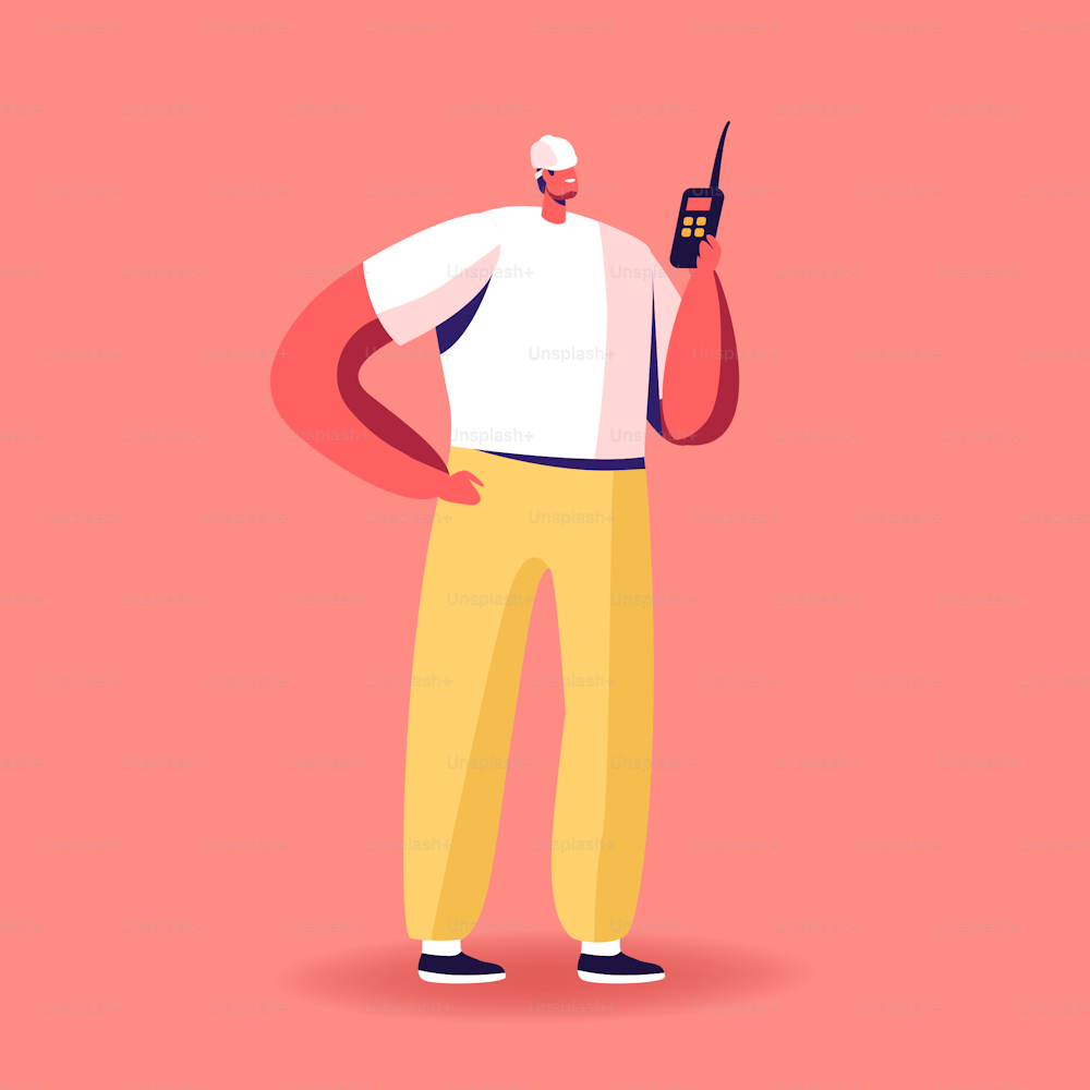 Builder Male Character in Hard Hat Holding Walkie Talkie. Man Contractor Architect on Building Construction Site Managing Working Process, Communicate with Radio Set. Cartoon Vector Illustration