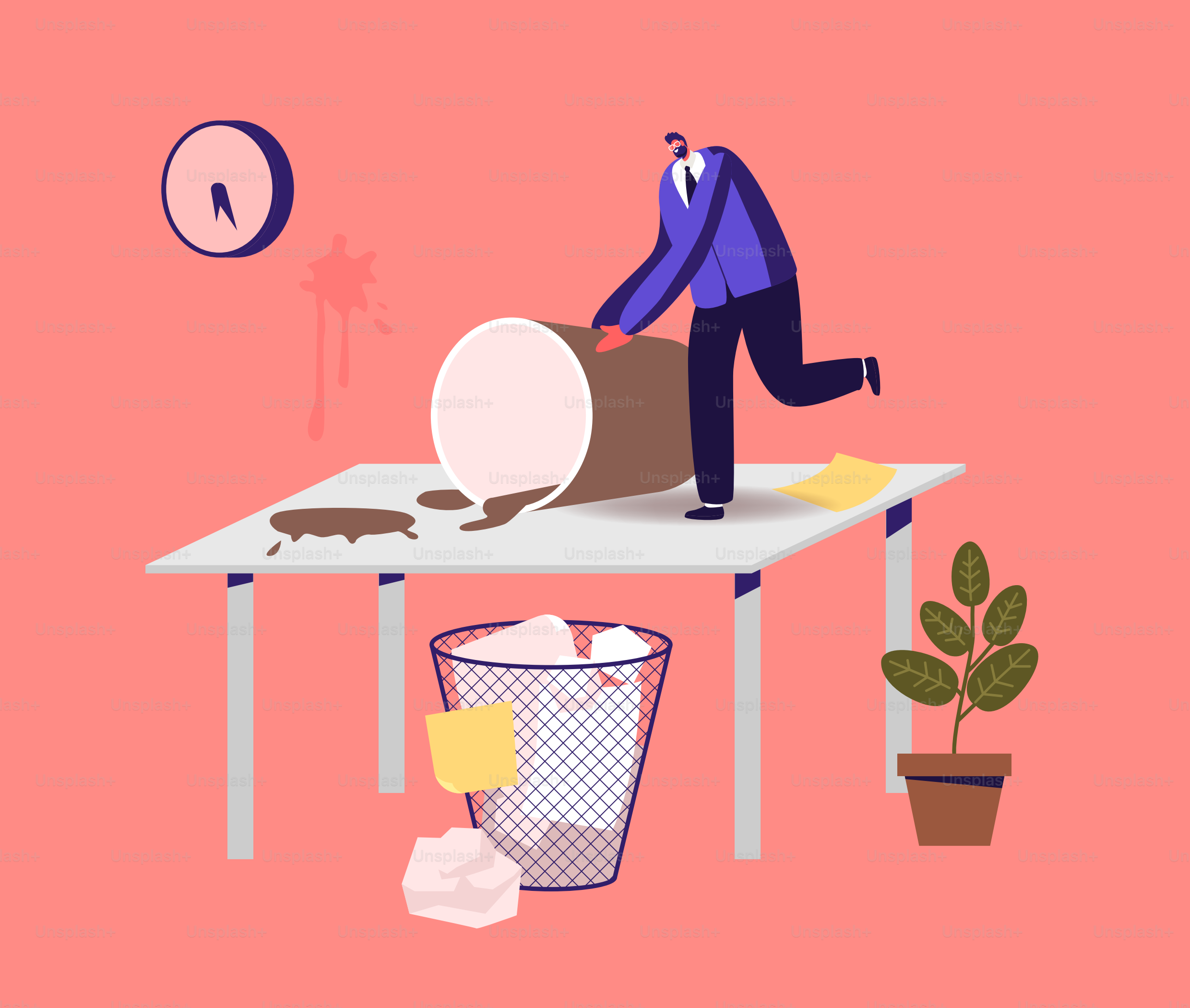 Chaos, Mess and Disorder at Workplace Concept. Tiny Businessman Character on Huge Table with Rubbish, Spilled Coffee and Waste in Litter Bin. Deadline Stress, Anxiety. Cartoon Vector Illustration