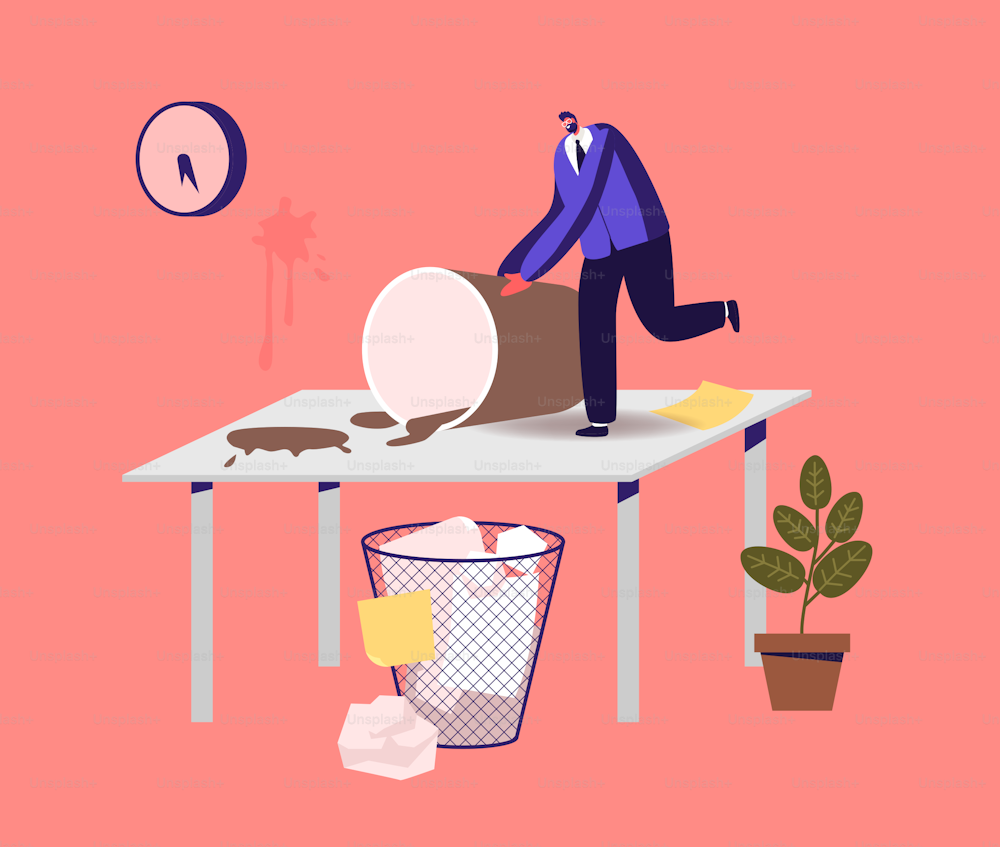 Chaos, Mess and Disorder at Workplace Concept. Tiny Businessman Character on Huge Table with Rubbish, Spilled Coffee and Waste in Litter Bin. Deadline Stress, Anxiety. Cartoon Vector Illustration