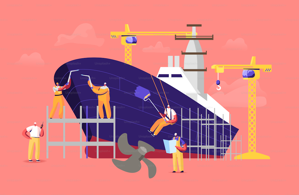 Shipbuilding Concept. Engineers Male Characters Assembling Nautical Vessel Stand on Scaffold in Dock Welding and Painting Ship. Building and Manufacturing Industry Cartoon People Vector Illustration