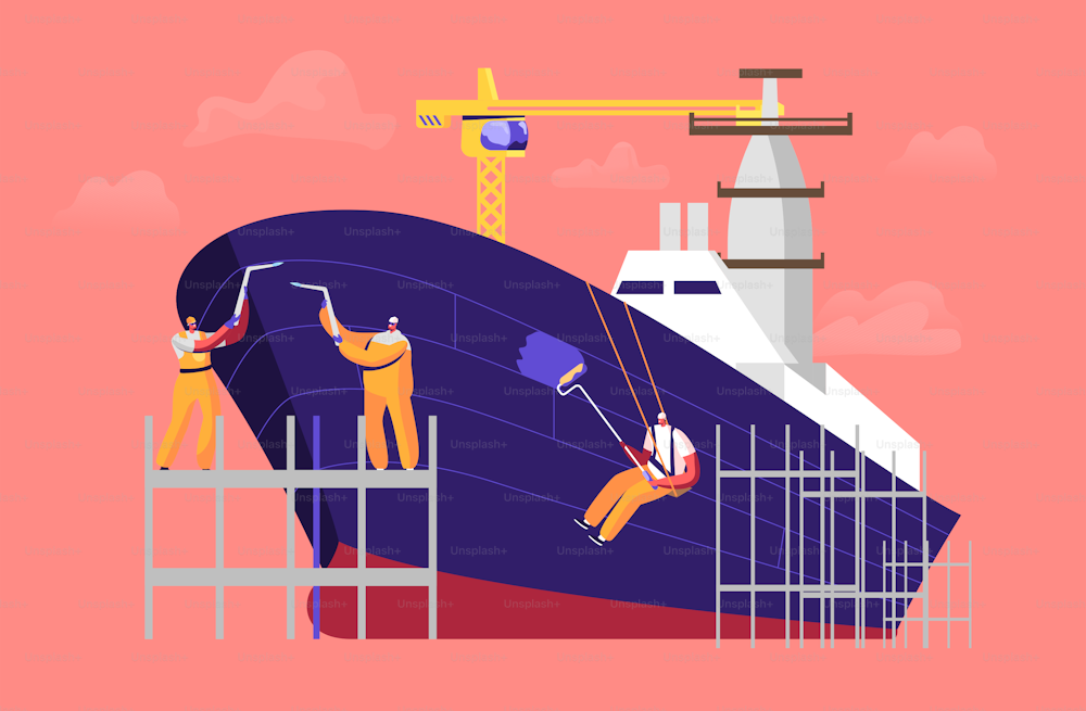 造船のコンセプト。エンジニアの男性キャラクターは、ドックの足場で航海船を組み立てる溶接と塗装ボード。造船および製造業。漫画の人々のベクターイラスト