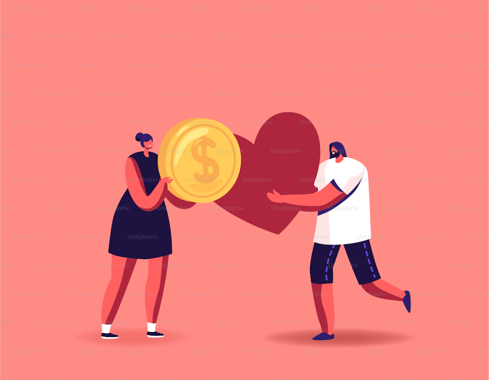 Characters Donate Money and Heart Concept Tiny Man and Woman Charity, Social Aid, Donation Support, Volunteer Sponsorship Service, Volunteering Humanitarian Team. Cartoon People Vector Illustration
