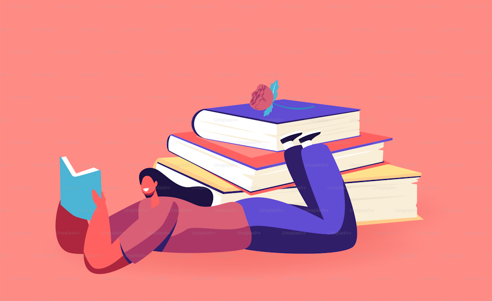 Female Character Reading Literature Lying near Huge Books Pile. Young Woman Student or Bookworm Spend Time in Library or Prepare for Examination Gaining Knowledge. Cartoon People Vector Illustration