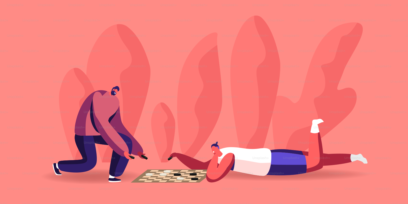 Friends Male Characters Playing Checkers Moving Pieces on Wooden Field. Boardgame Intelligence Recreation, Hobby Concept. Logic Intellectual Board Game Tournament. Cartoon People Vector Illustration