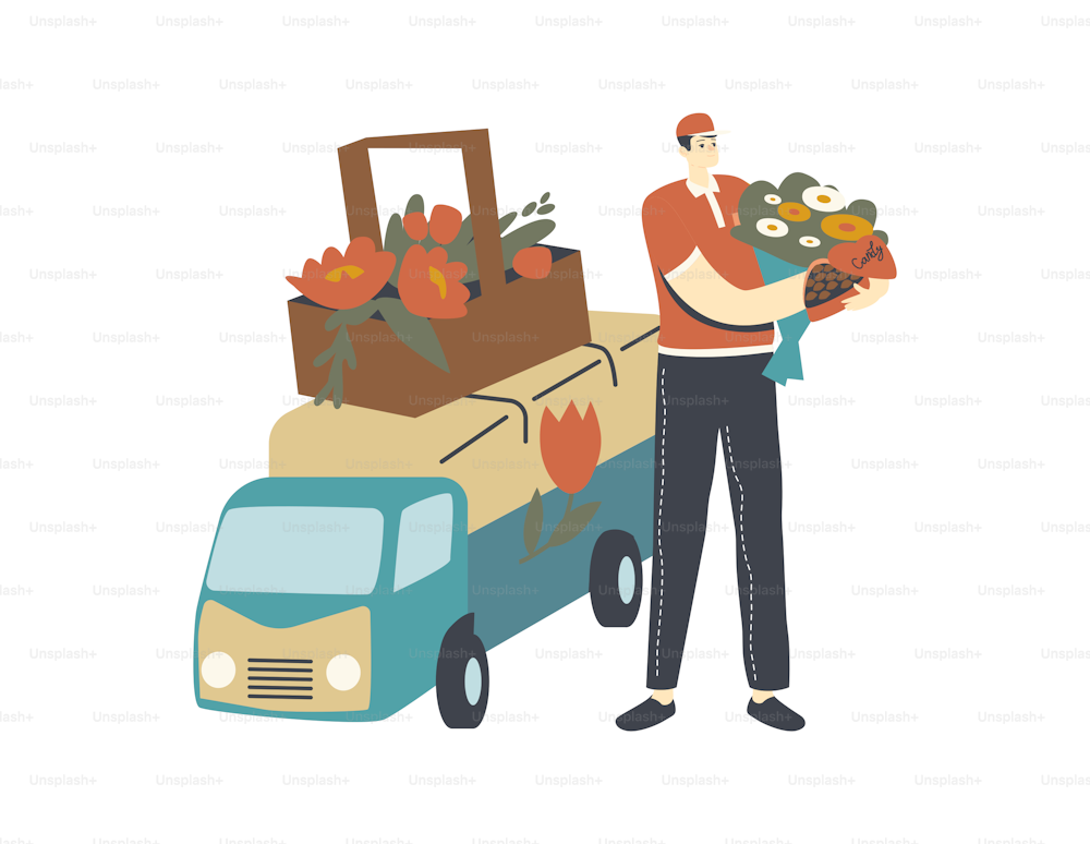 Courier Male Character Holding Beautiful Flower Bouquet near Delivery Truck for Bringing to Customers for Holidays Celebration and Congratulation, Transportation Company. Linear Vector Illustration
