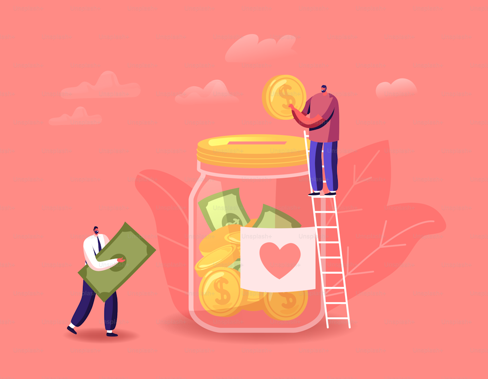 Donation, Volunteers Charity Concept. Tiny Male Characters Stand on Ladder Throw Coins and Bills into Huge Glass Jar with Heart Sticker for Donate. People Giving Money. Cartoon Vector Illustration