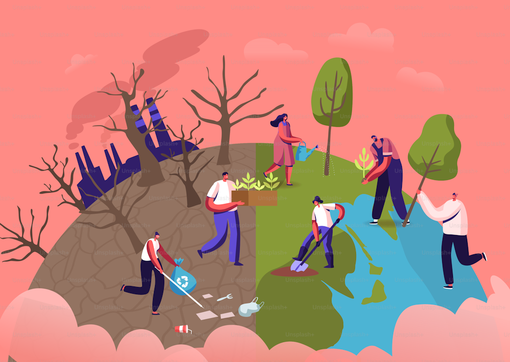 Reforestation and Revegetation Eco Concept. Characters Pick Up Trash, Planting Seedlings and Trees into Soil in Garden, Save World, Earth Day, Nature and Ecology. Cartoon People Vector Illustration
