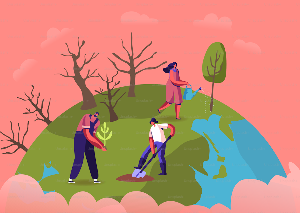 Revegetation, Forest Restoration, Reforestation and Planting Trees Concept. Volunteer Characters Care of Green Plants Watering , Save Nature, Environment Protection. Cartoon People Vector Illustration