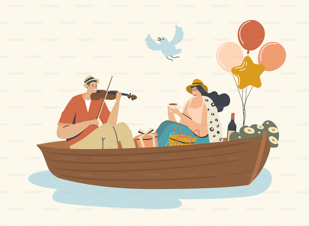 Jovem feliz casal homem e mulher barco flutuante na superfície da água. Personagem masculino tocando violino, feminino bebendo chá. Férias de Verão, Loving People Sparetime, Valentim. Ilustração vetorial linear