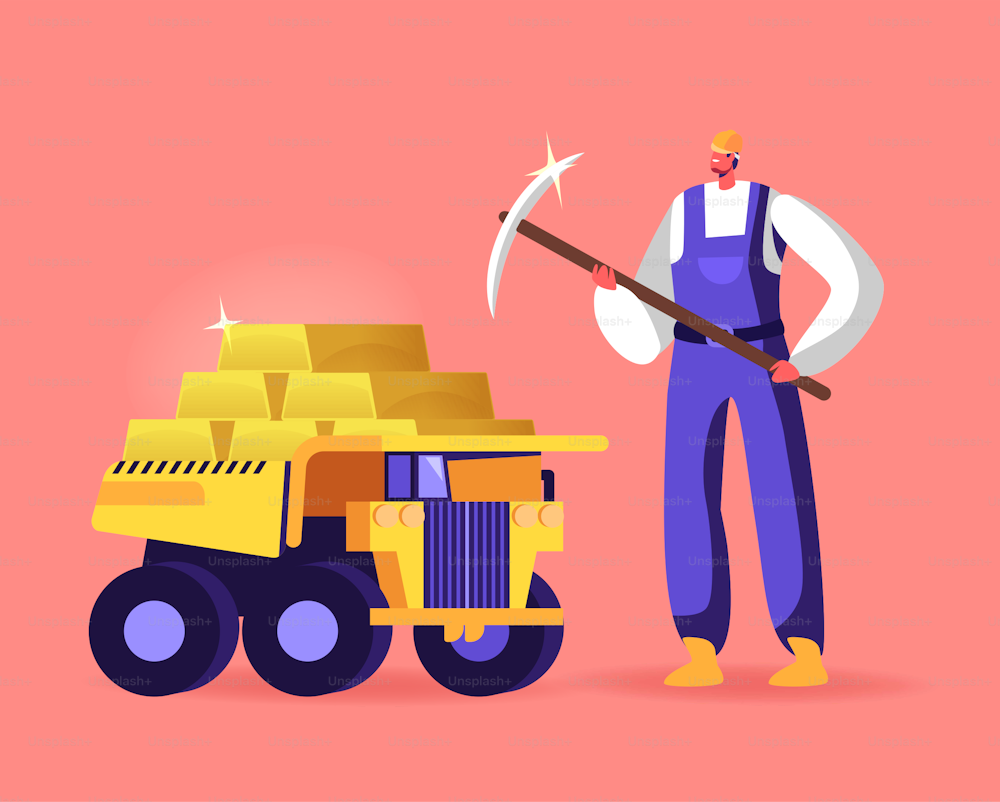 Miner Character with Pickaxe Stand at Truck Full of Golden Bars. Gold Mining in Quarry with Transport and Technique, Extraction Industry. Working Equipment and Technics. Cartoon Vector Illustration
